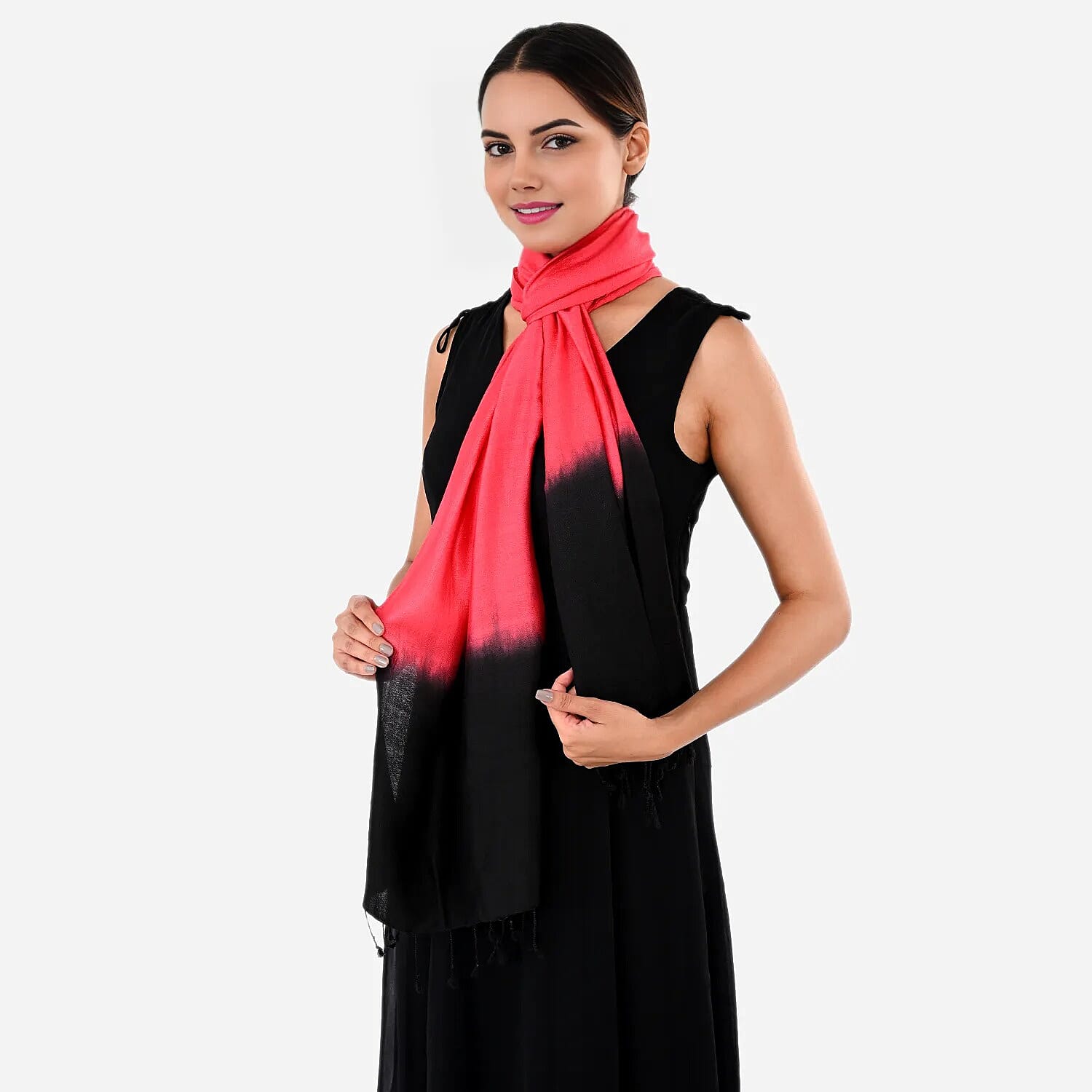 Tamsy Dual Shade Ombre Stole (Size 210 x 70 cm) - Rose Red & Black