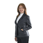 Tamsy Faux Leather Long Sleeves Blazer with Notched Lapel Collar (Size S,8-10) - Black