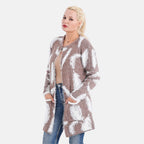 Tamsy Womens Feather Pattern Winter Coatigan with Pockets (One Size, Fits 8-20) - Brown & White