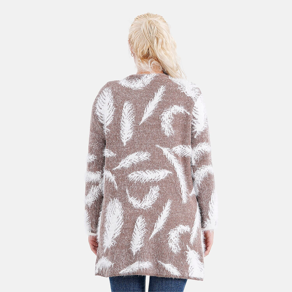 Tamsy Womens Feather Pattern Winter Coatigan with Pockets (One Size, Fits 8-20) - Brown & White