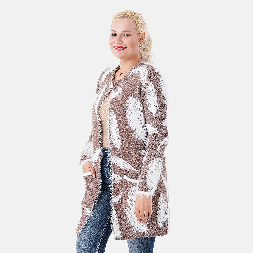 Tamsy Womens Feather Pattern Winter Coatigan with Pockets (One Size, Fits 8-20) - Brown & White