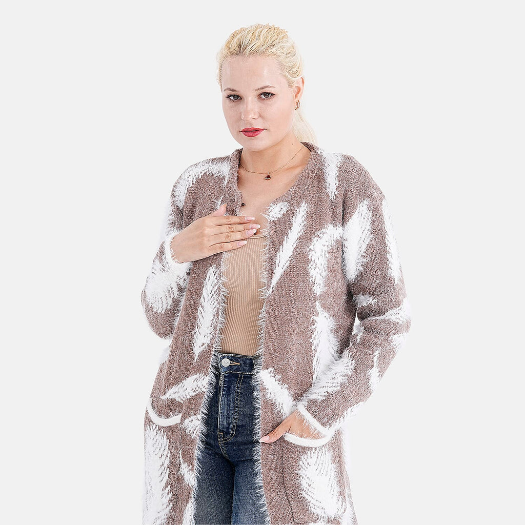 Tamsy Womens Feather Pattern Winter Coatigan with Pockets (One Size, Fits 8-20) - Brown & White