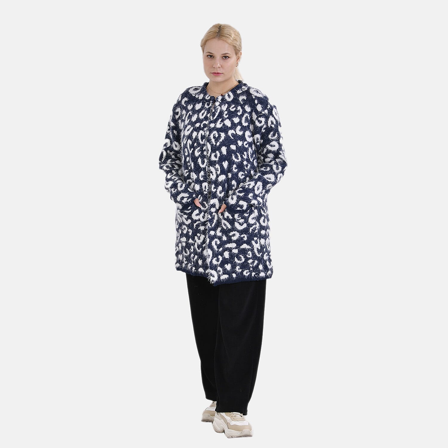 Tamsy Patterned Cardigan and Sweater-Jumper - White & Navy