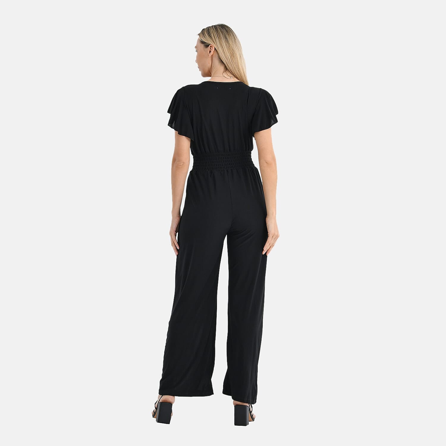 Tamsy Smocked Waist Stretch Jersey Jumpsuit (Size L) - Black