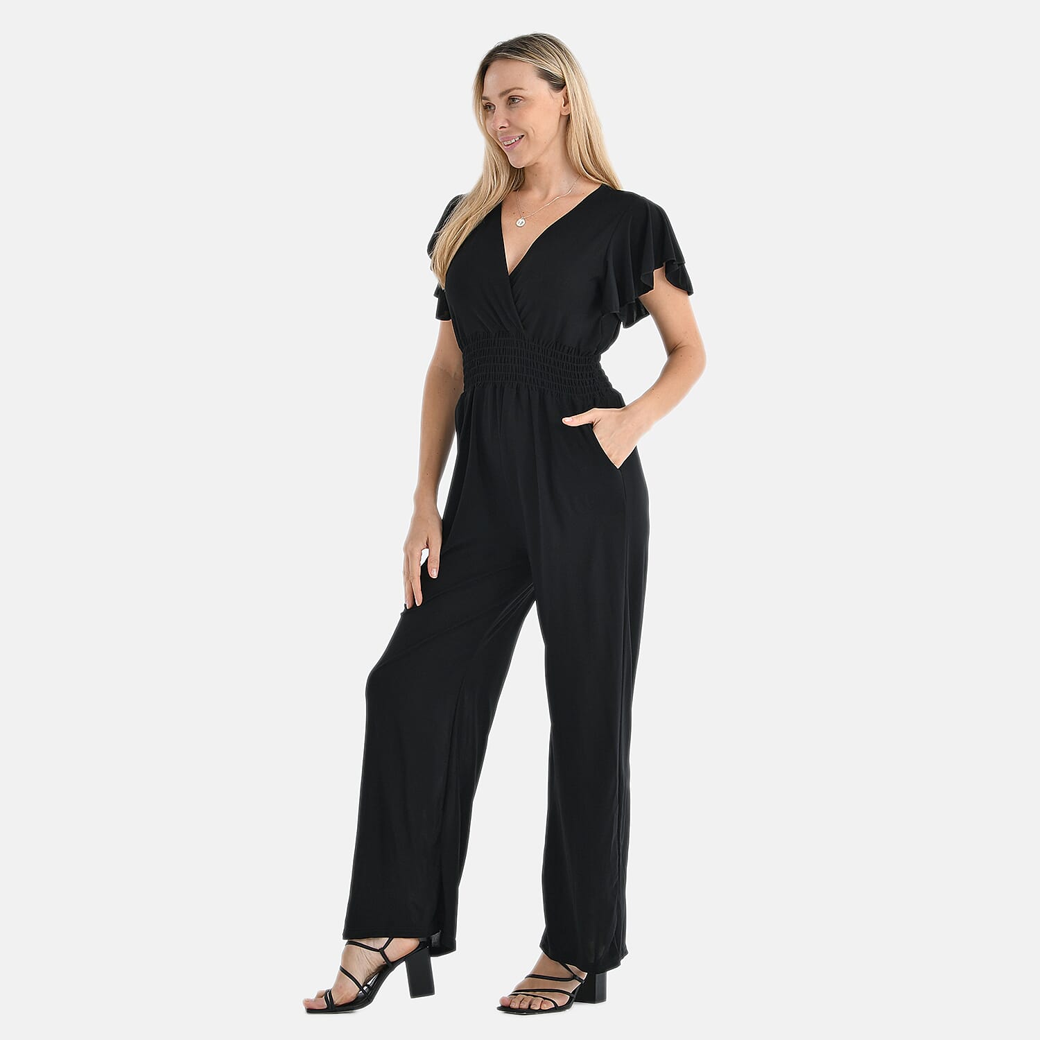 Tamsy Smocked Waist Stretch Jersey Jumpsuit (Size L) - Black