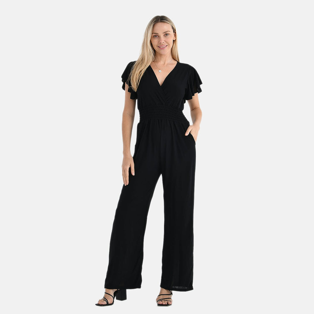 Tamsy Smocked Waist Stretch Jersey Jumpsuit (Size L) - Black