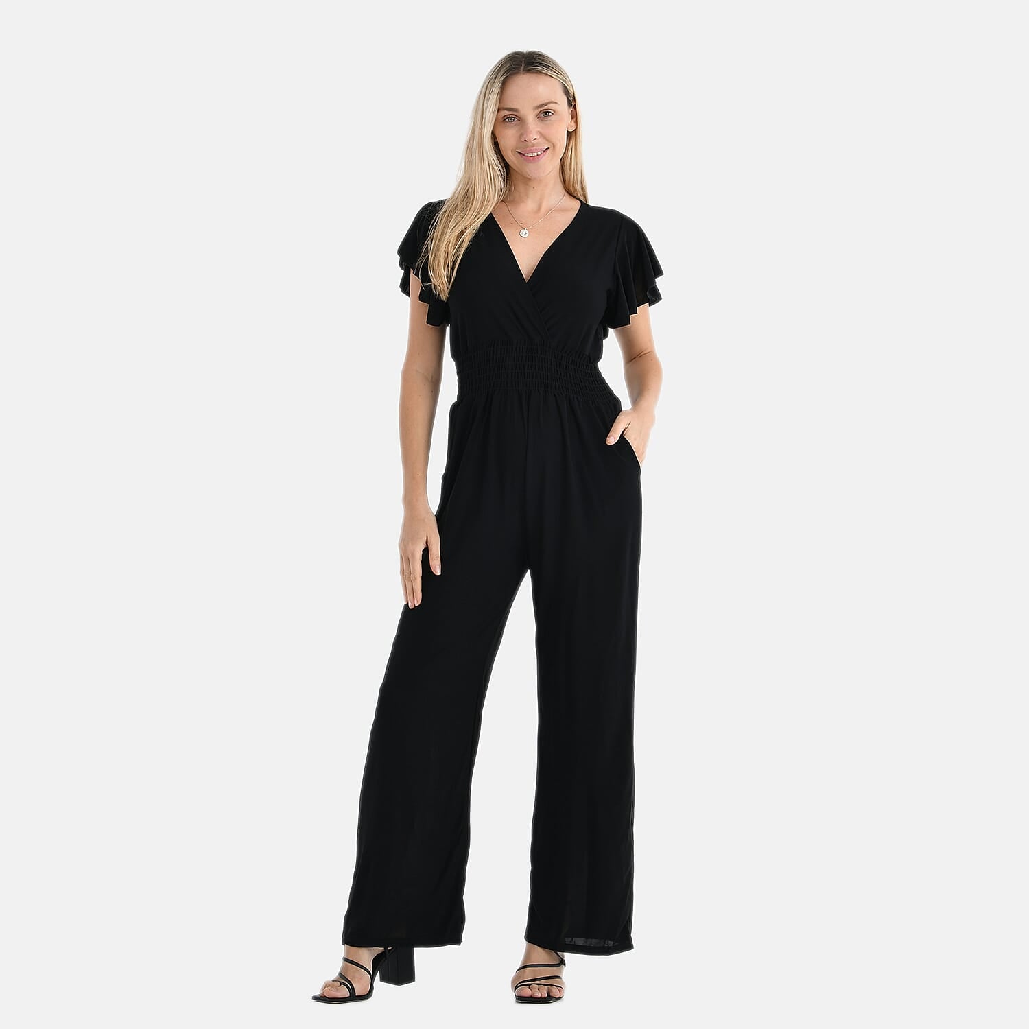 Tamsy Smocked Waist Stretch Jersey Jumpsuit (Size L) - Black