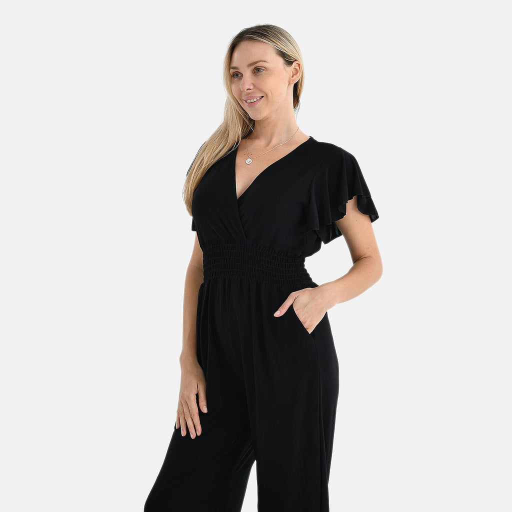 Tamsy Smocked Waist Stretch Jersey Jumpsuit (Size L) - Black