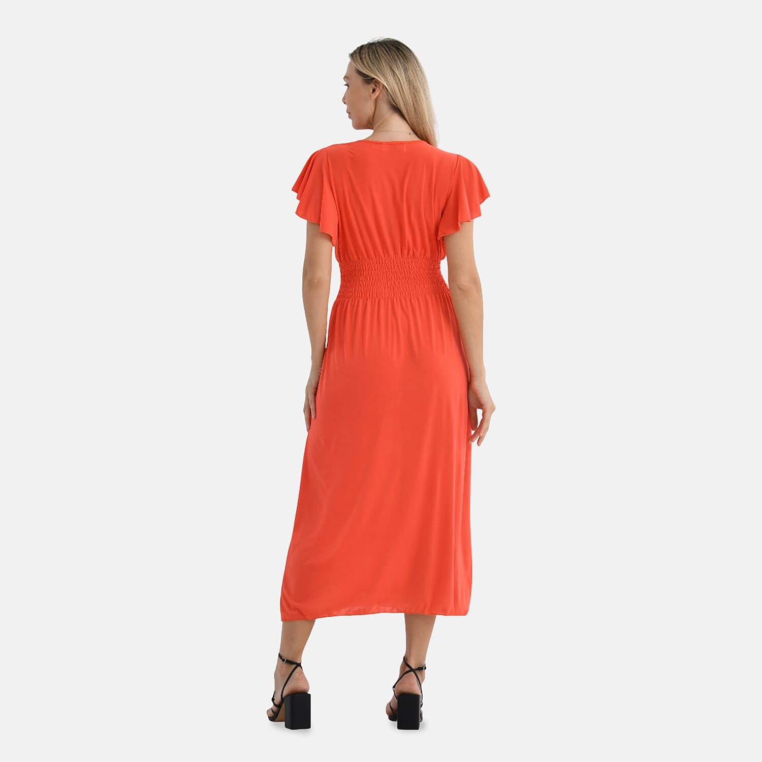 Tamsy Womens Flutter Sleeve V-Neck Smocked Midi Dress (One Size) - Red