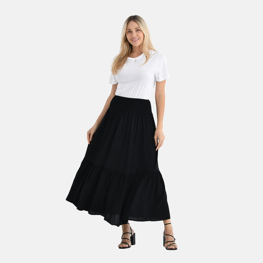Tamsy 100% Viscose Elastic Waist Summer Maxi Skirts (One Size) - Black