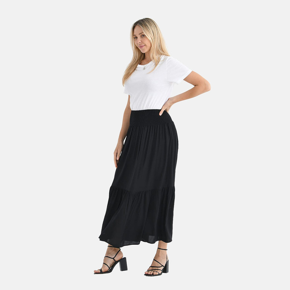 Tamsy 100% Viscose Elastic Waist Summer Maxi Skirts (One Size) - Black