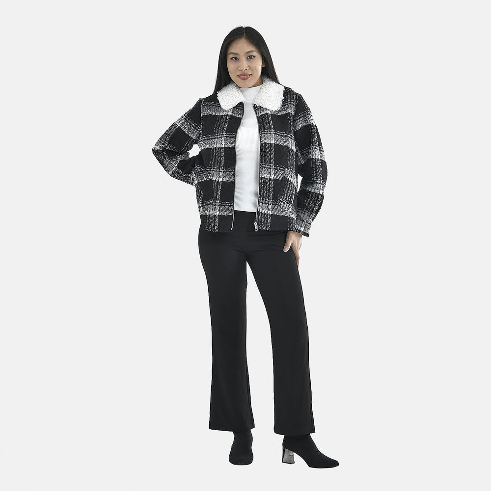 Tamsy Plaid Pattern Coat with Faux Fur Collar (Size M) - Black and White