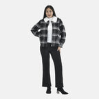 Tamsy Plaid Pattern Coat with Faux Fur Collar (Size M) - Black and White