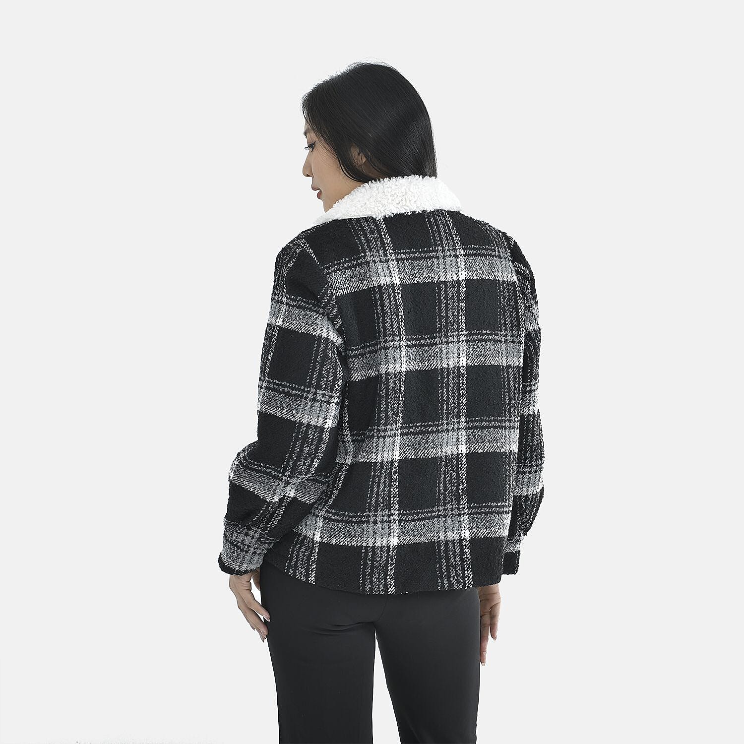 Tamsy Plaid Pattern Coat with Faux Fur Collar (Size M) - Black and White