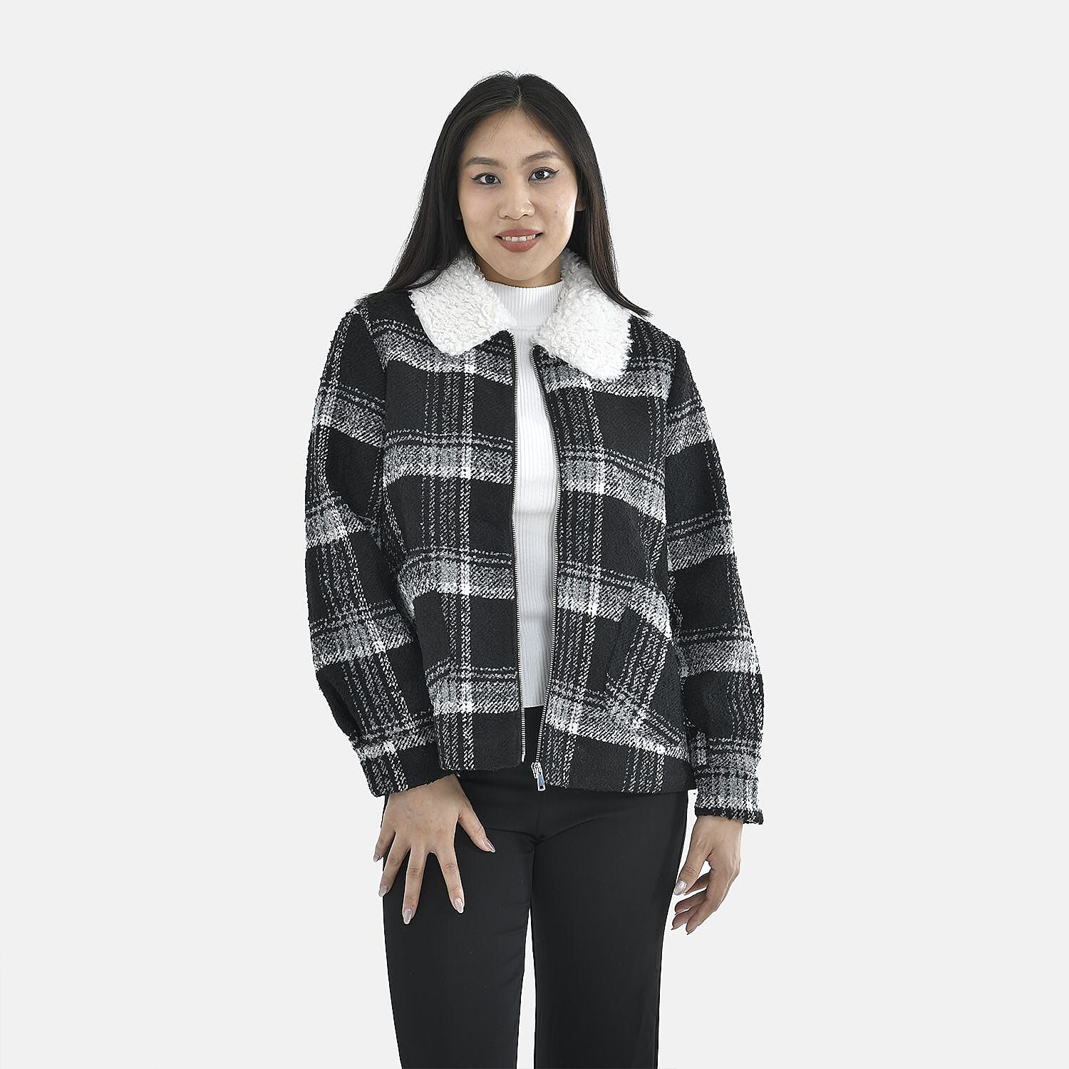 Tamsy Plaid Pattern Coat with Faux Fur Collar (Size M) - Black and White