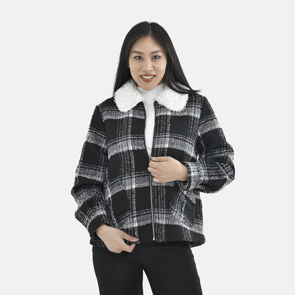 Tamsy Plaid Pattern Coat with Faux Fur Collar (Size S) - Black and White