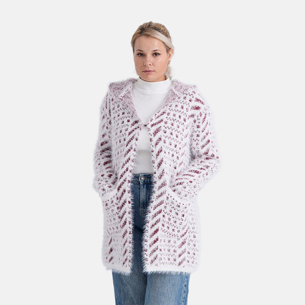 Tamsy Plush Winter Hooded Cardigan with Pockets (Free Size 8-20) - Red and White