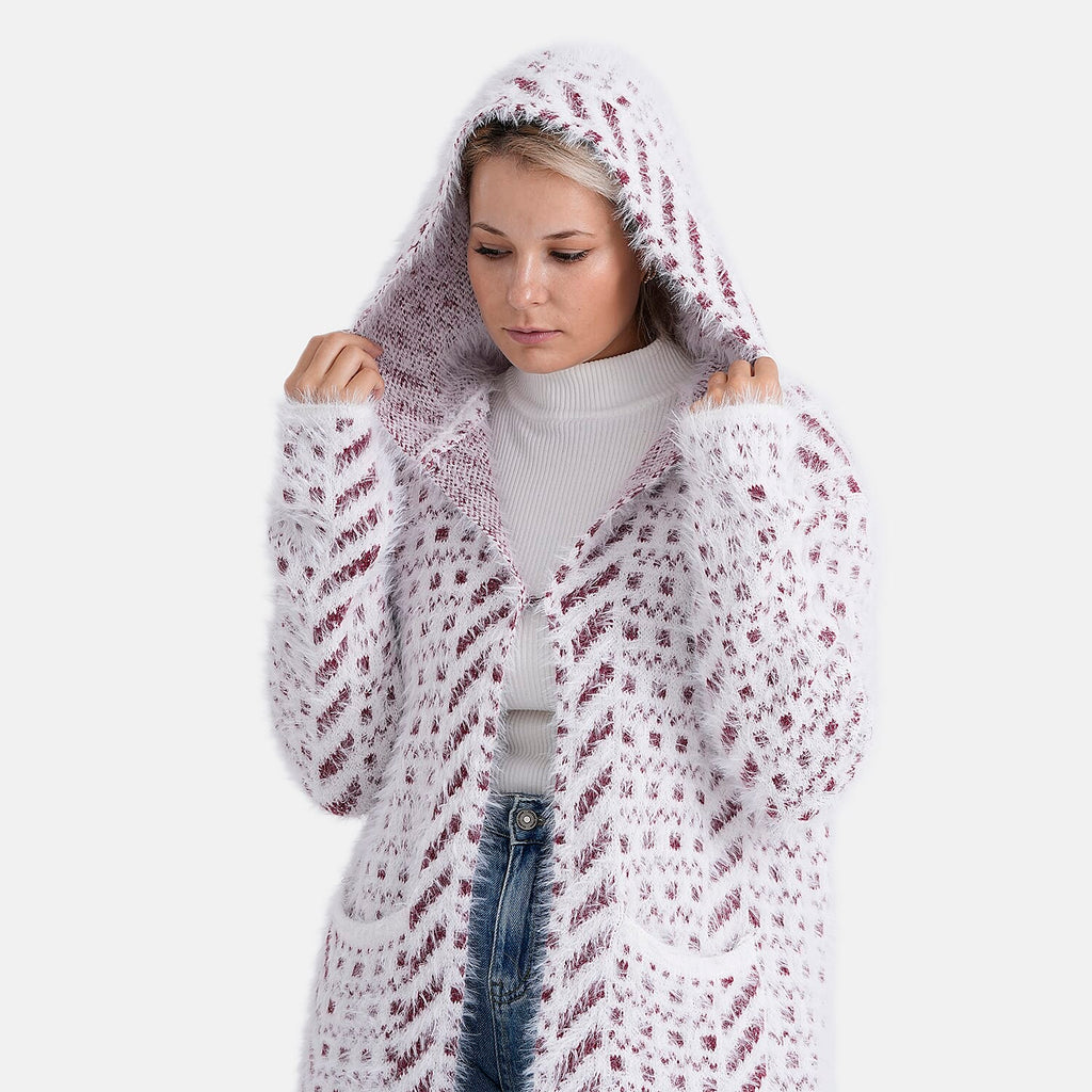 Tamsy Plush Winter Hooded Cardigan with Pockets (Free Size 8-20) - Red and White