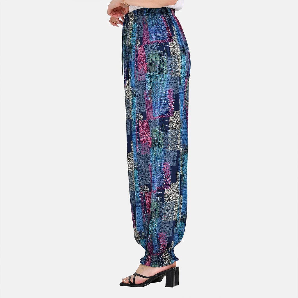 TAMSY Art Pattern Elastic Waist Band Band Trousers (One Size Curve, 18-24) - Blue - Pink