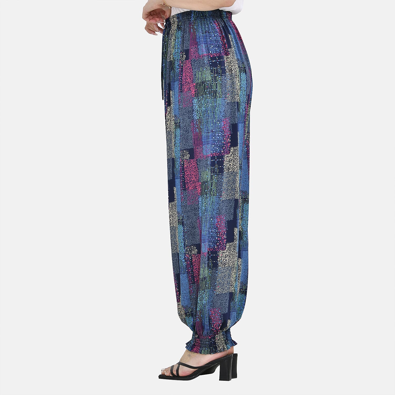TAMSY Art Pattern Elastic Waist Band Band Trousers (One Size Curve, 18-24) - Blue - Pink