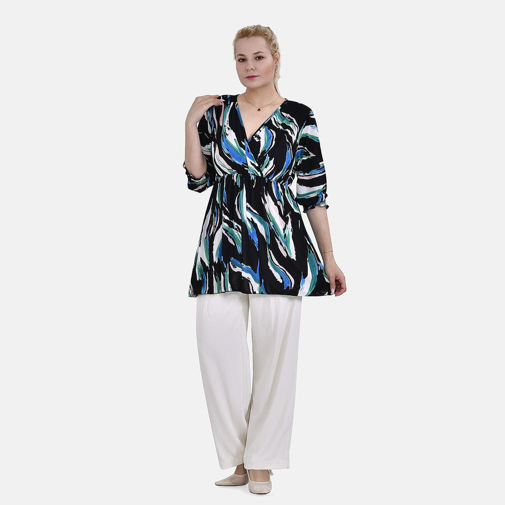 TAMSY Smocked Waist V Neck Top (One Size,8-18) - Blue & Black