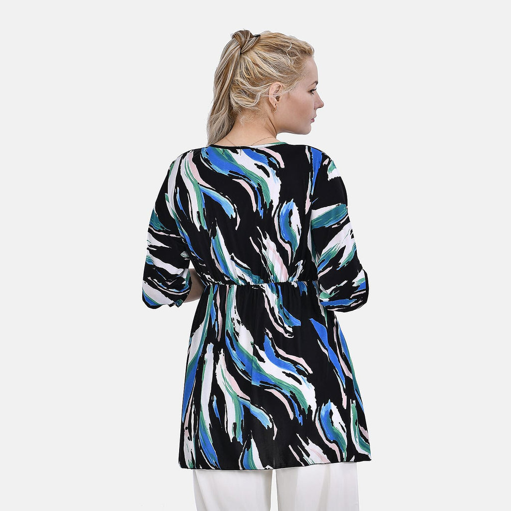 TAMSY Smocked Waist V Neck Top (One Size,8-18) - Blue & Black