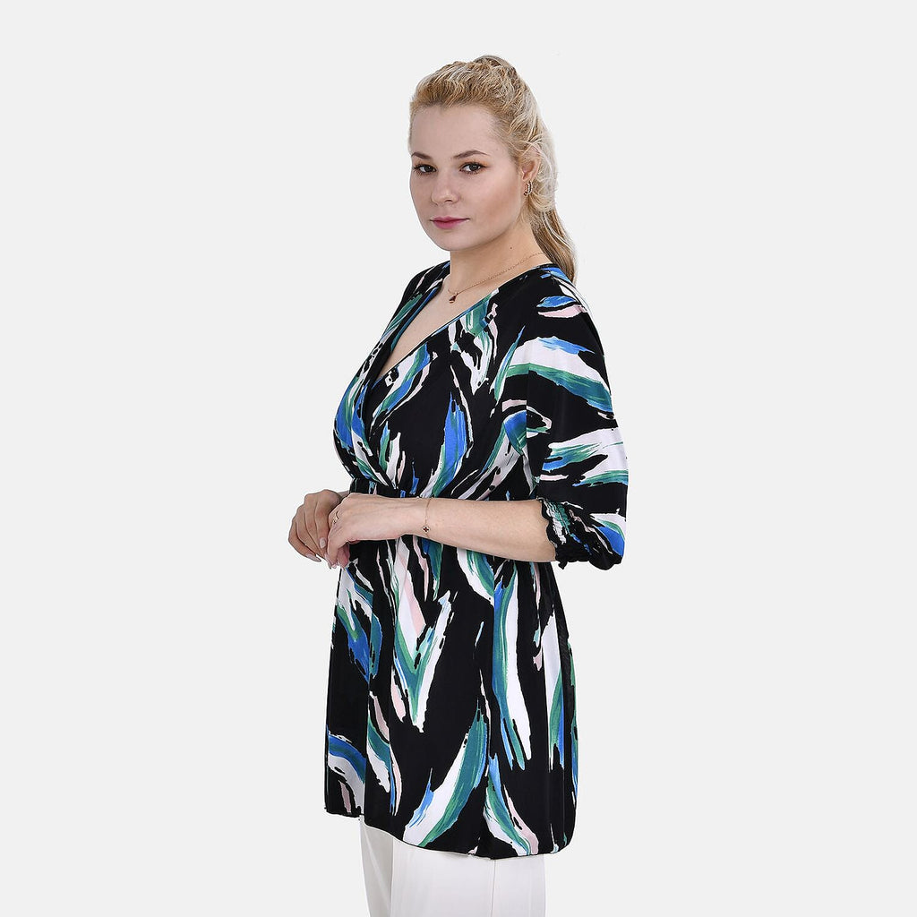 TAMSY Smocked Waist V Neck Top (One Size,8-18) - Blue & Black