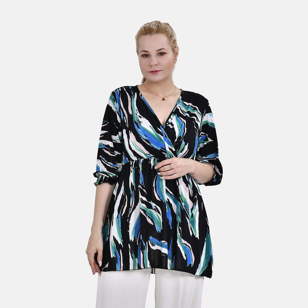 TAMSY Smocked Waist V Neck Top (One Size,8-18) - Blue & Black