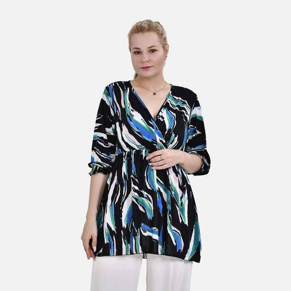 TAMSY Smocked Waist V Neck Top (One Size,8-18) - Blue & Black