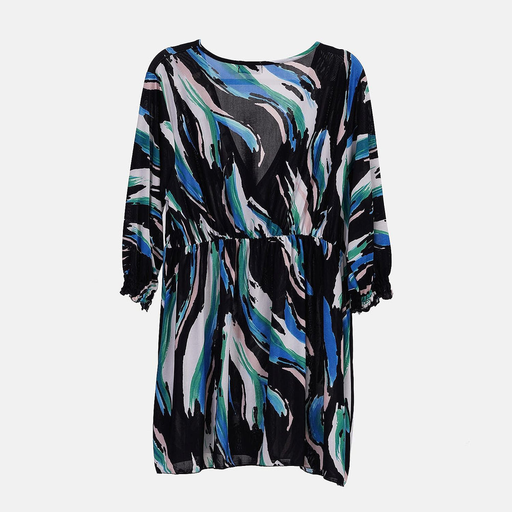 TAMSY Smocked Waist V Neck Top (One Size,8-18) - Blue & Black