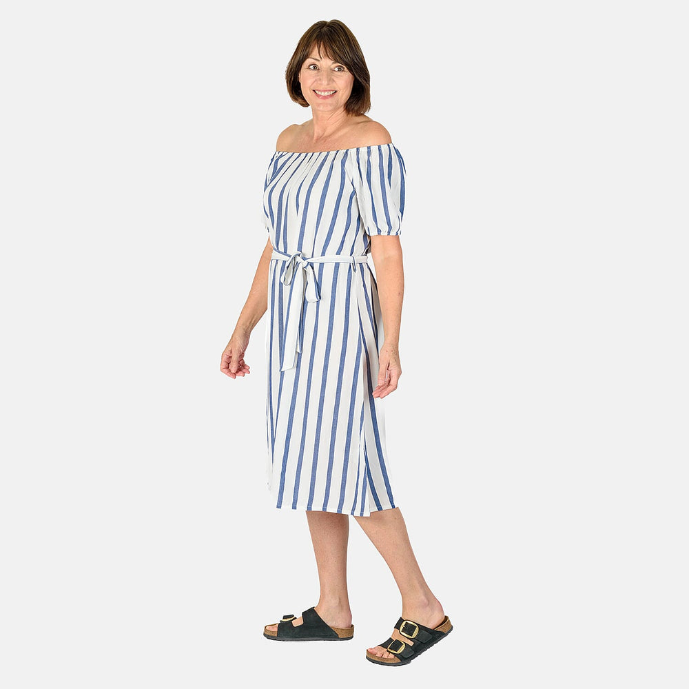 Tamsy 100% Cotton Y-D Stripe Dress With Waist Belt (Size S) - Blue & Off White