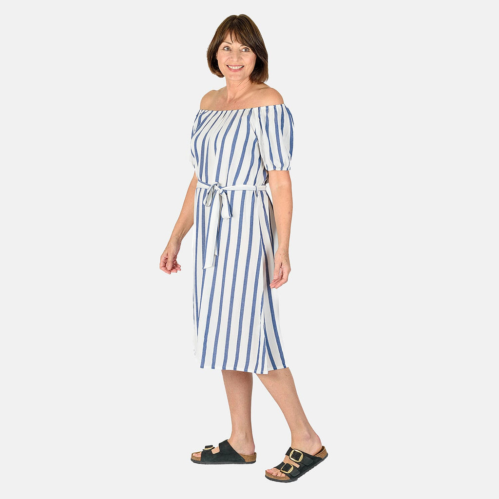 Tamsy 100% Cotton Y-D Stripe Dress With Waist Belt (Size S) - Blue & Off White