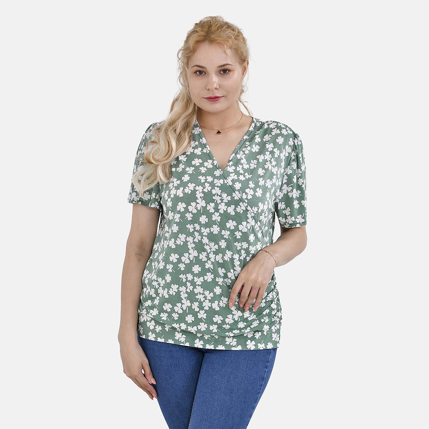 Tamsy V-Neck Solid Top (One Size 8 to 16) - Green