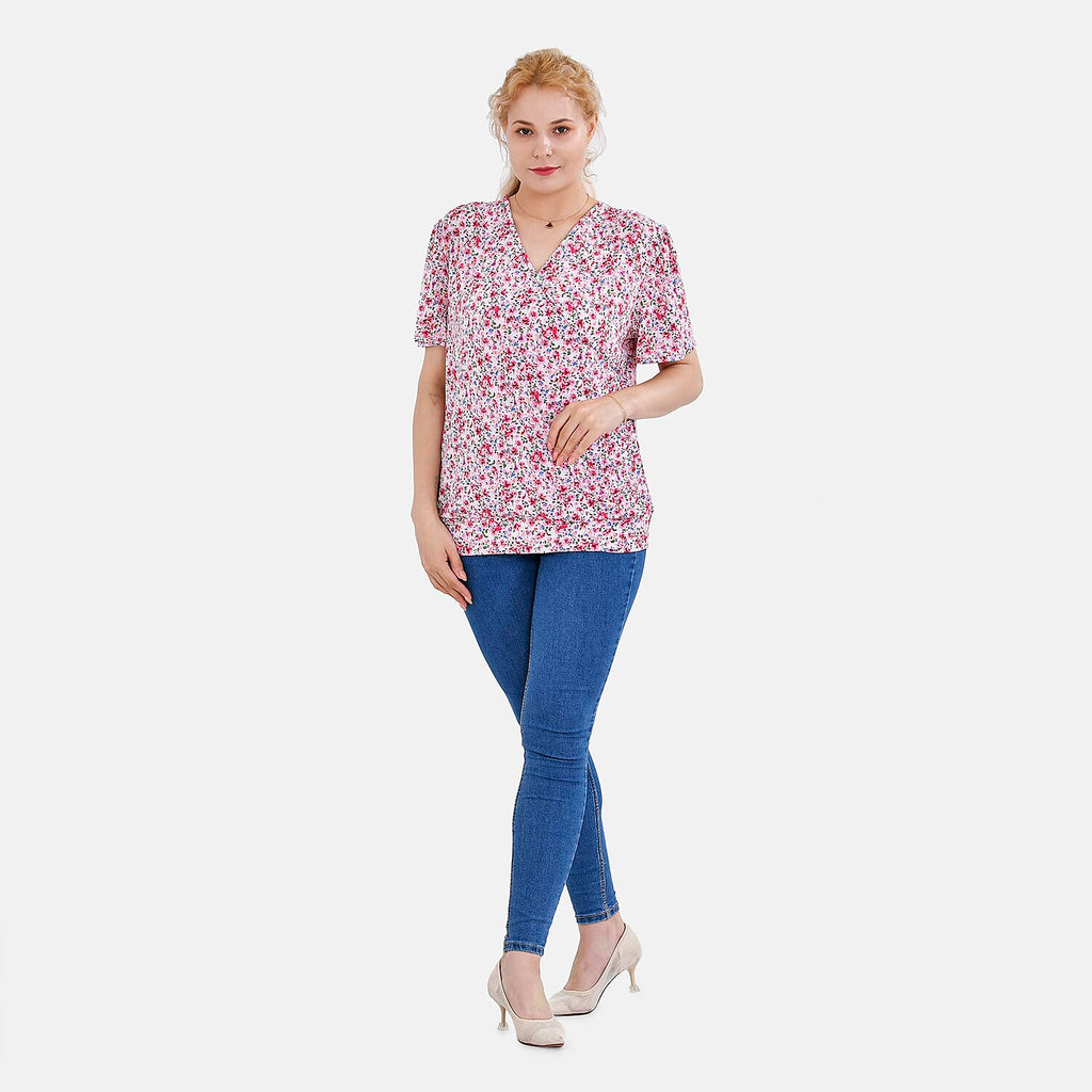 Tamsy V-Neck Floral Top (Curve Size) - Pink