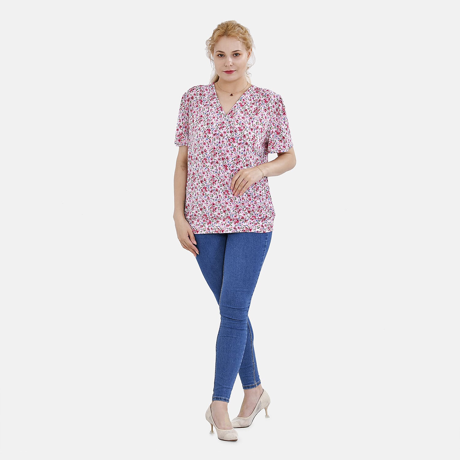 Tamsy V-Neck Floral Top (Curve Size) - Pink