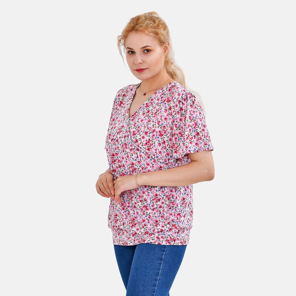 Tamsy V-Neck Floral Top (Curve Size) - Pink
