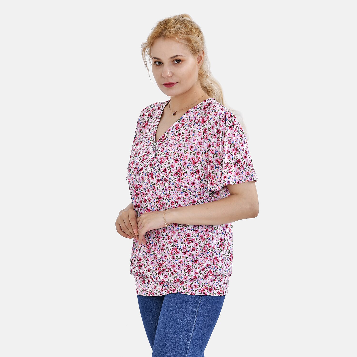 Tamsy V-Neck Floral Top (Curve Size) - Pink