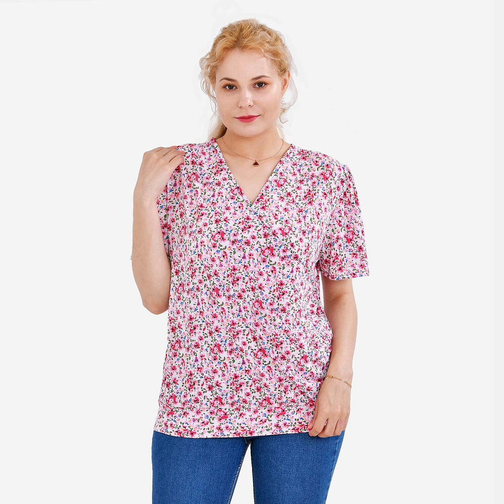 Tamsy V-Neck Floral Top (Curve Size) - Pink