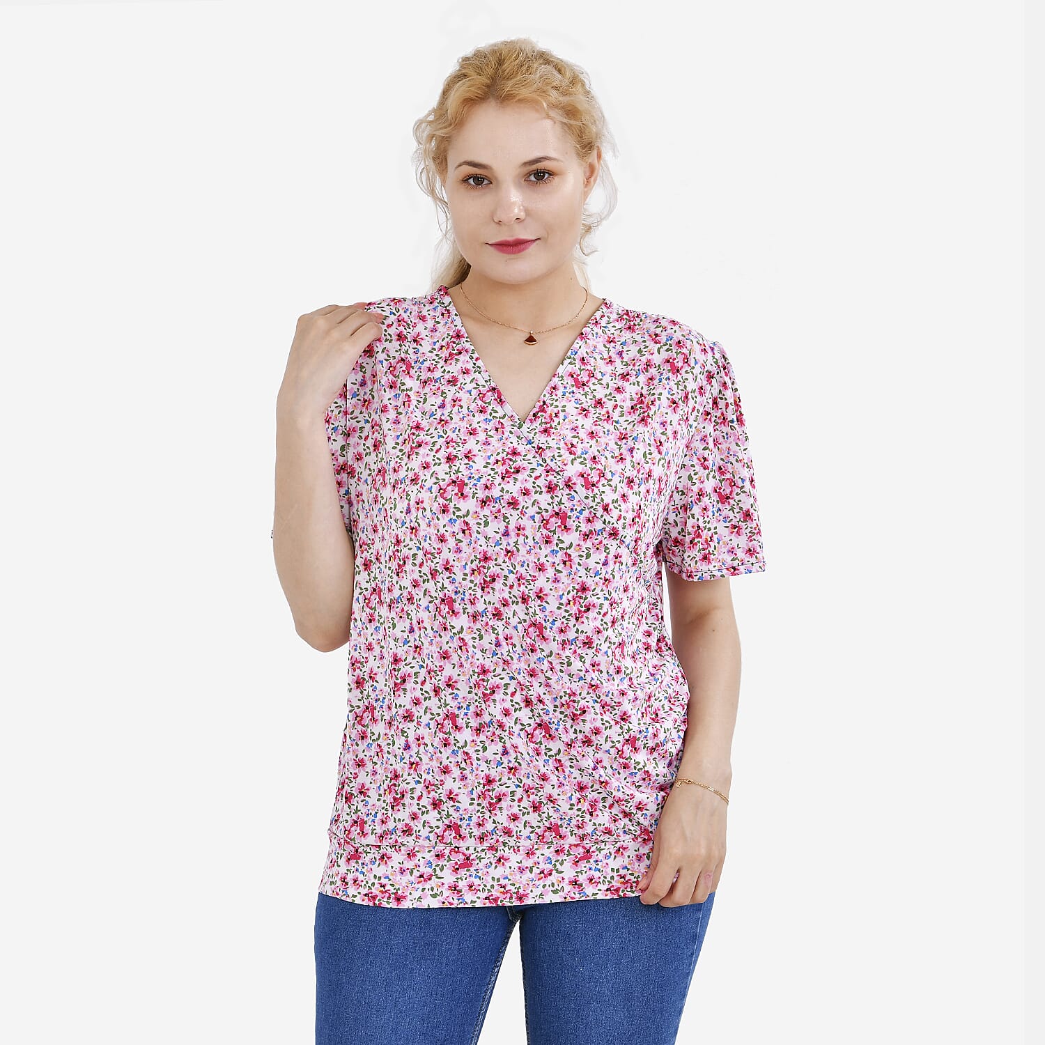 Tamsy V-Neck Floral Top (Curve Size) - Pink