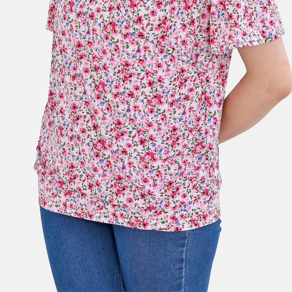 Tamsy V-Neck Floral Top (Curve Size) - Pink