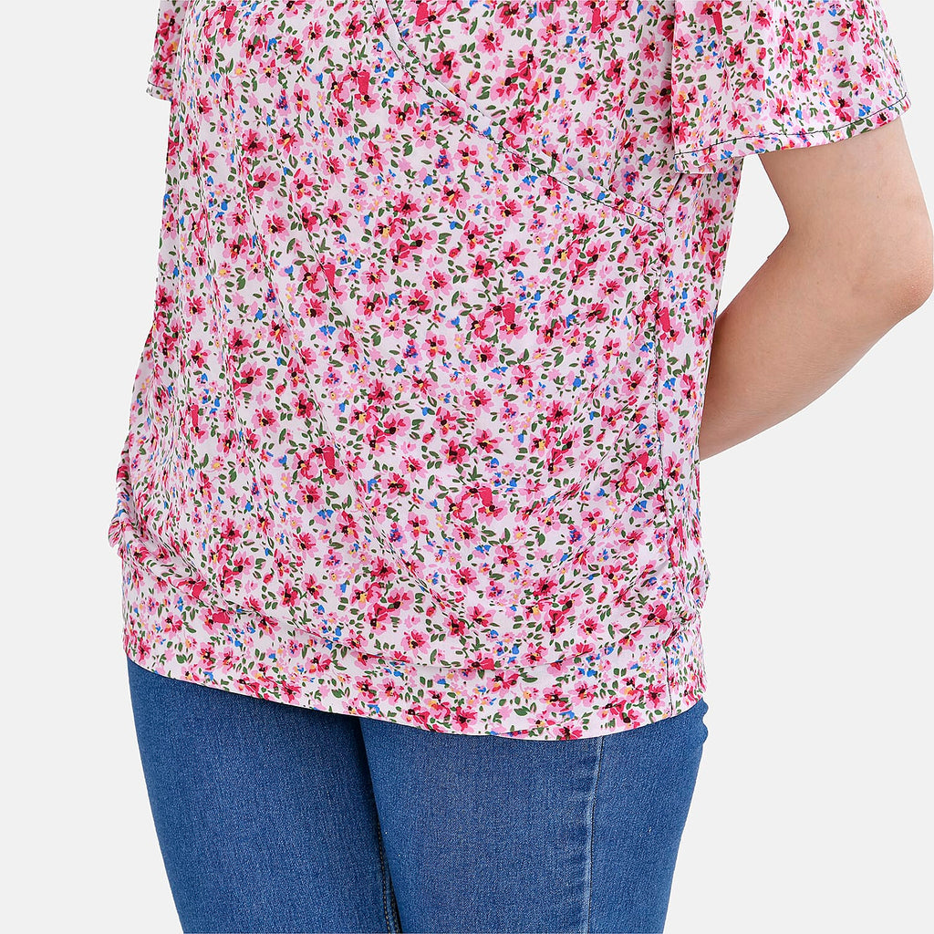 Tamsy V-Neck Floral Top (Curve Size) - Pink