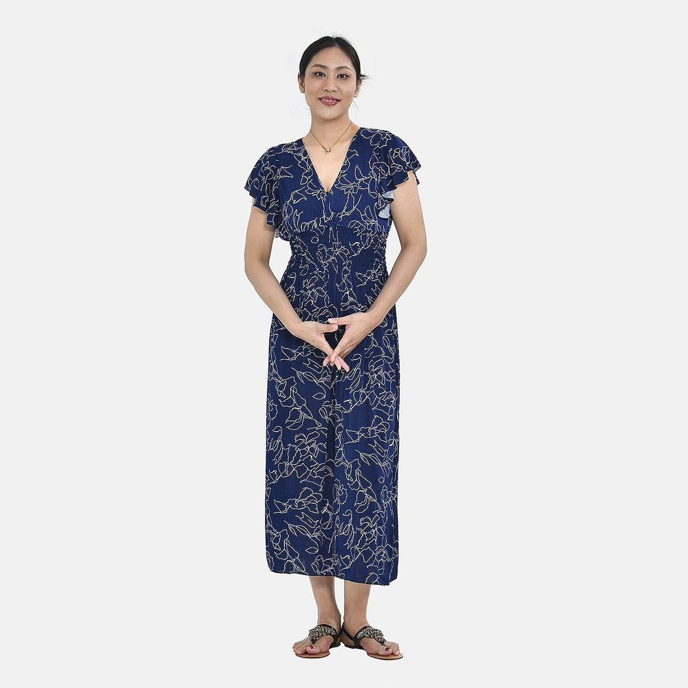 Tamsy Floral Pattern Flutter Sleeves Smocked Midi Dress (One Size 18-24) - Navy and White