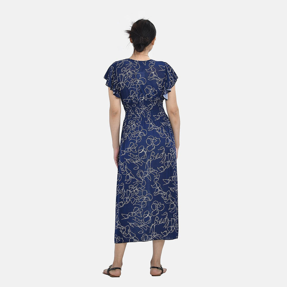 Tamsy Floral Pattern Flutter Sleeves Smocked Midi Dress (One Size 18-24) - Navy and White