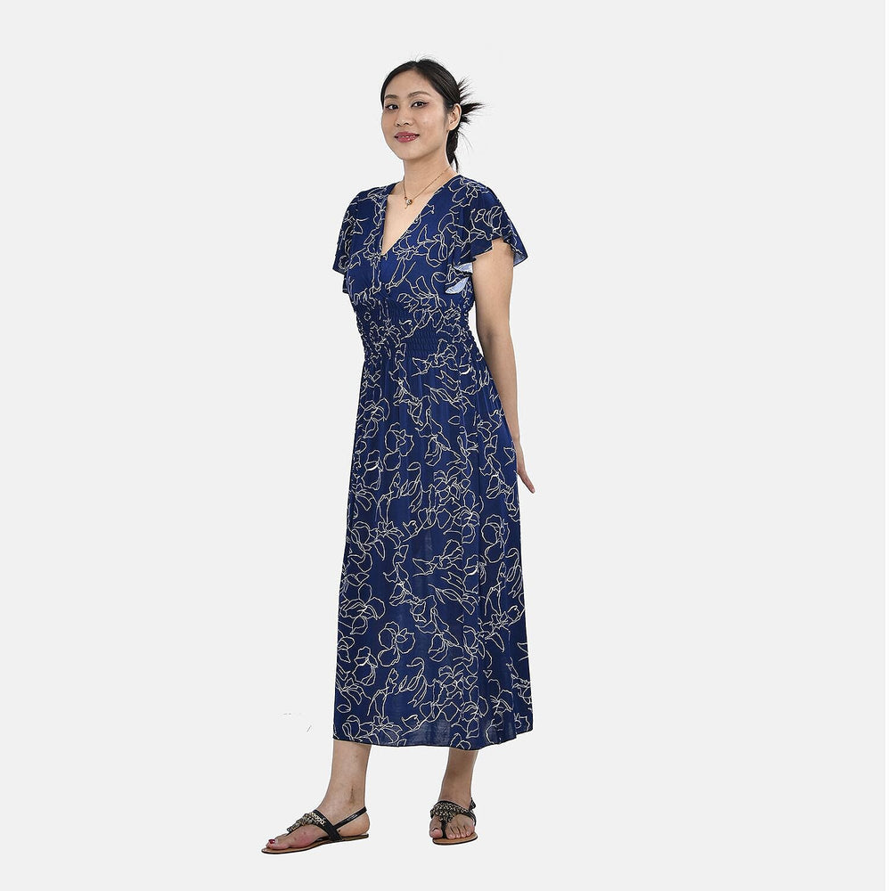 Tamsy Floral Pattern Flutter Sleeves Smocked Midi Dress (One Size 18-24) - Navy and White