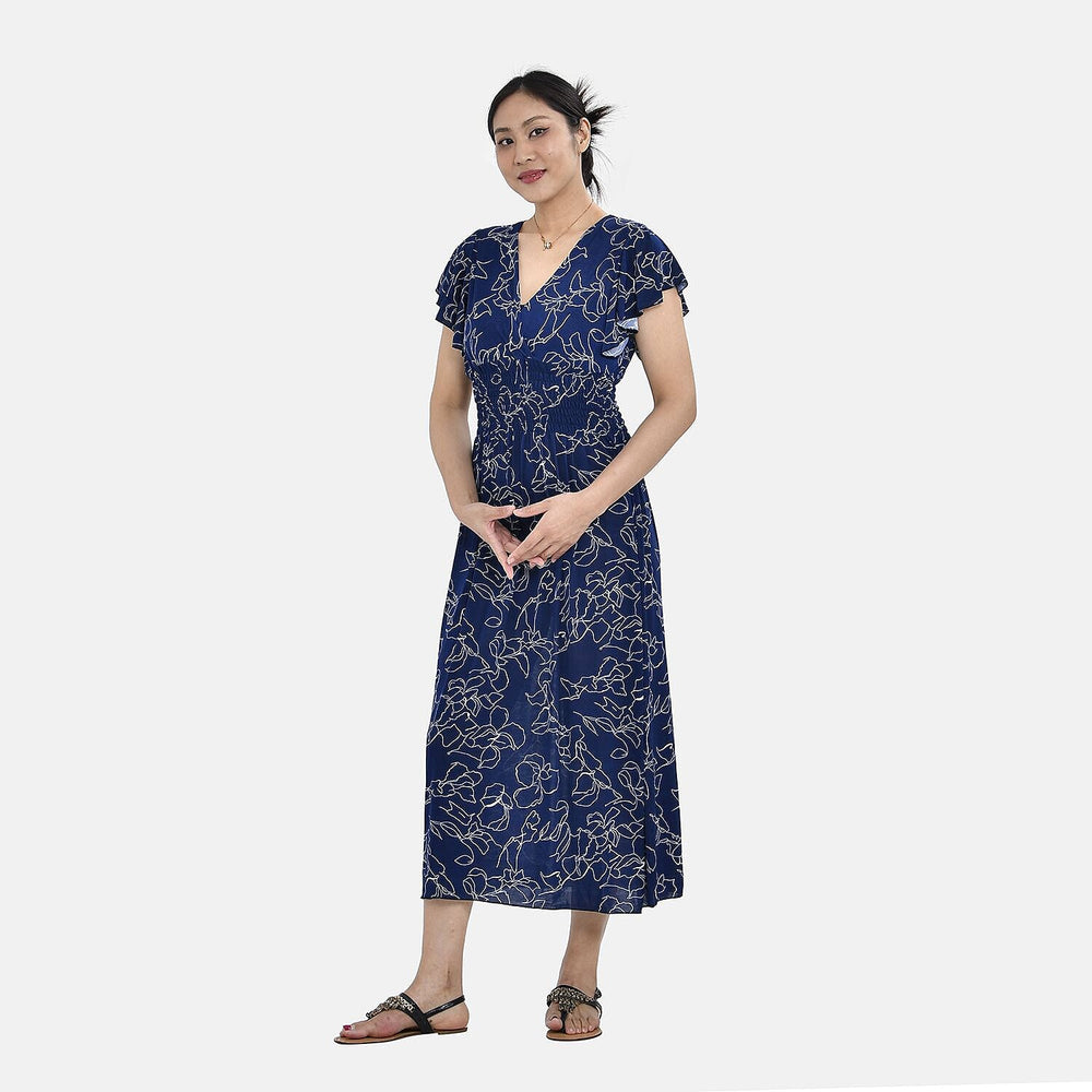 Tamsy Floral Pattern Flutter Sleeves Smocked Midi Dress (One Size 18-24) - Navy and White