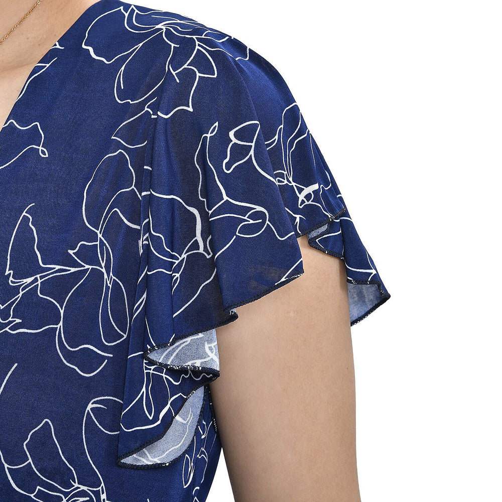 Tamsy Floral Pattern Flutter Sleeves Smocked Midi Dress (One Size 18-24) - Navy and White