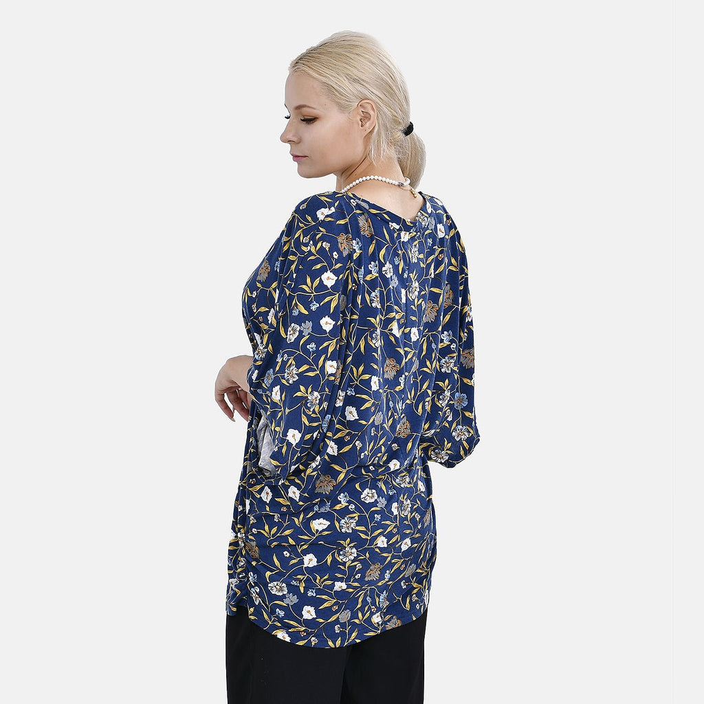 TAMSY Black Boat Neck Floral Printed Knit Drape Top (One Size uptop XL) - Navy Blue - White