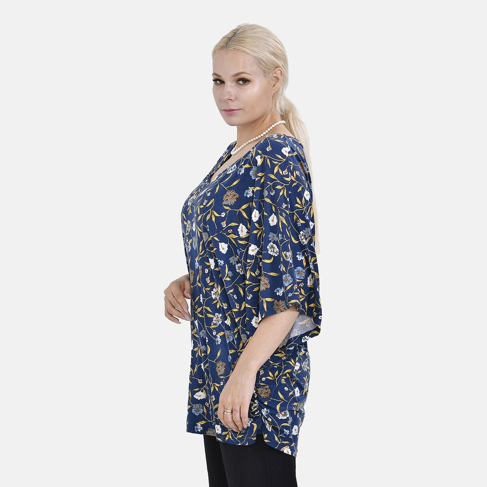 TAMSY Black Boat Neck Floral Printed Knit Drape Top (One Size uptop XL) - Navy Blue - White