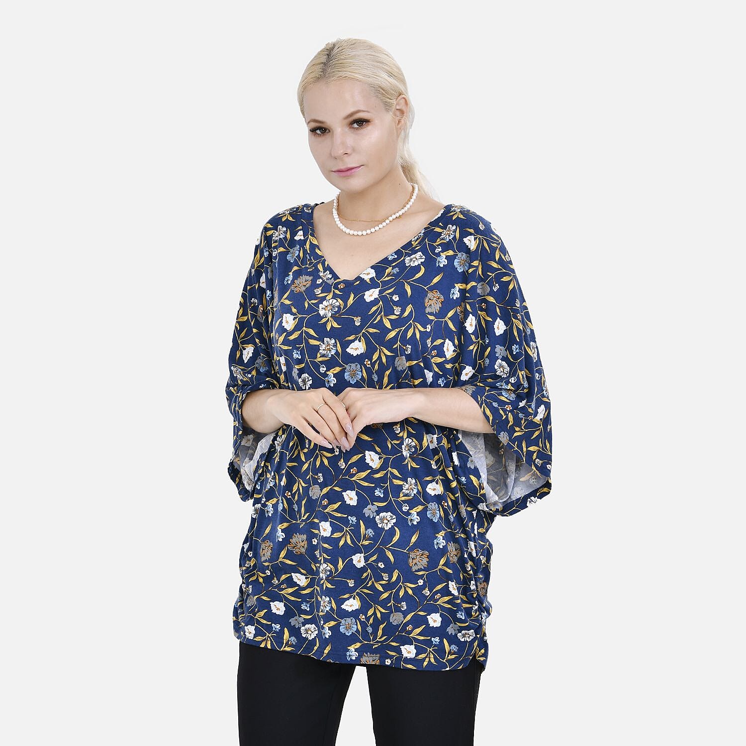 TAMSY Black Boat Neck Floral Printed Knit Drape Top (One Size uptop XL) - Navy Blue - White