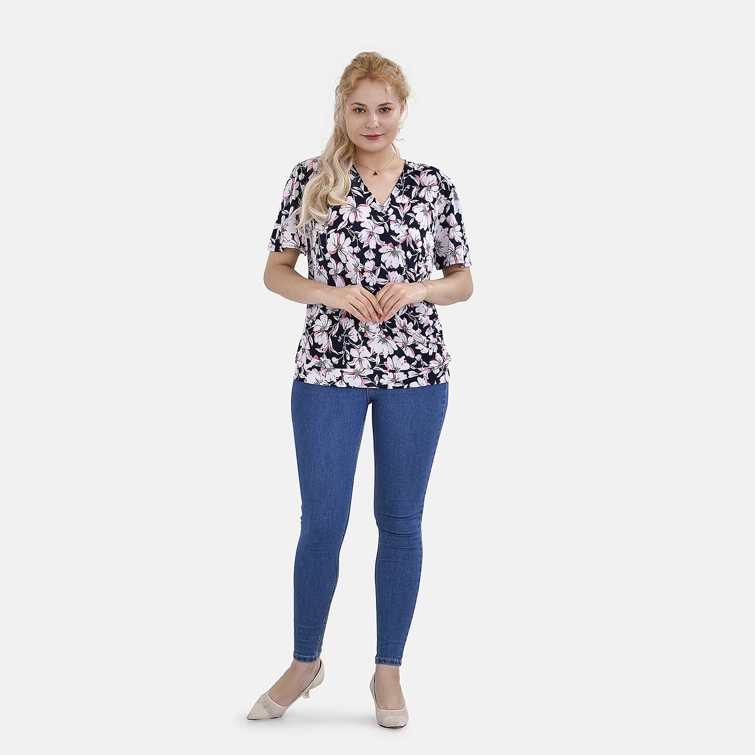 Tamsy V- Neck Flower Top (One Size 8 to 16) - Navy Blue